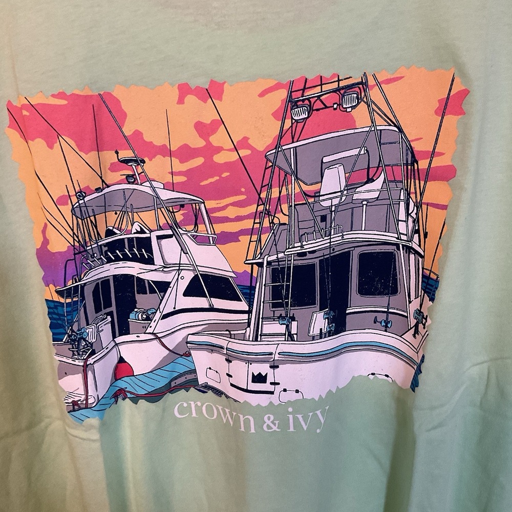 Men's Crown‎ & Ivy Boats Graphic T-shirt Green Size XXL